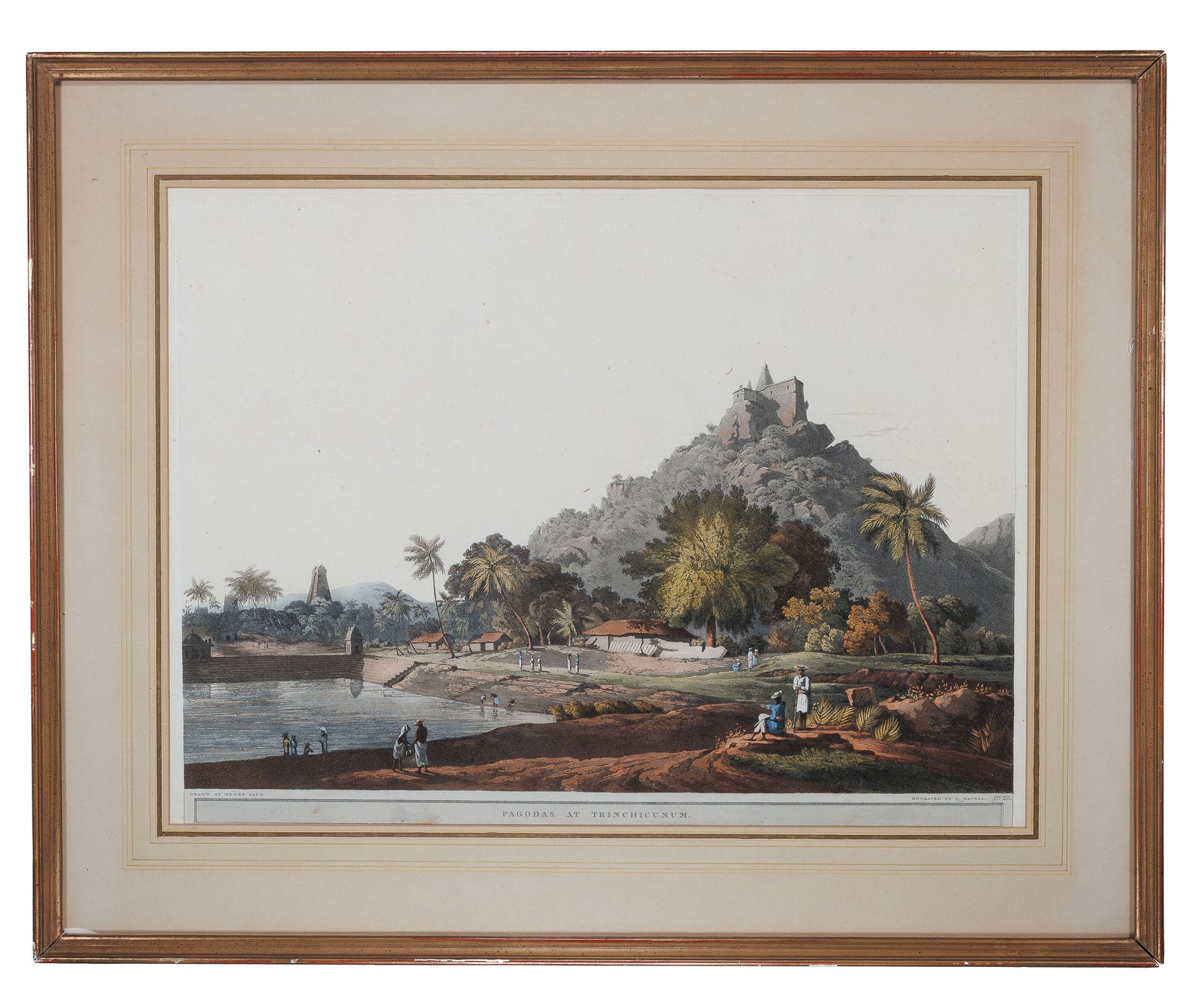 <center> Daniel Havell after Henry Salt <br><i> PAGODAS AT TRINCHICUNUM India </i><br> Hand Coloured Aquatint <p> William Miller 1808 </center>