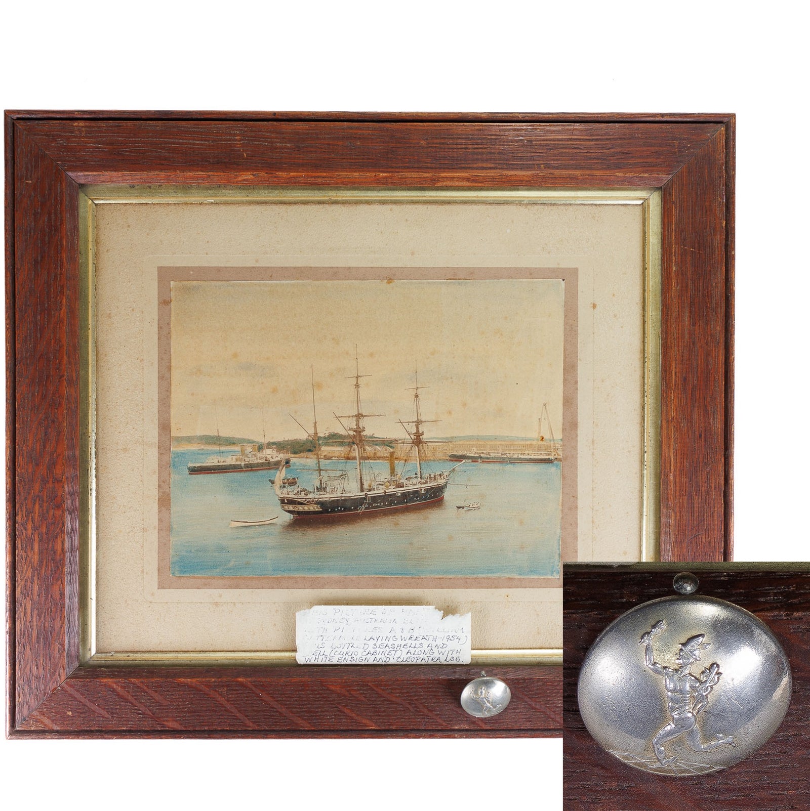 <center> H.M.S. PENGUIN <br><i> Original Hand Coloured Photograph </i><br> Moored in Sydney, Australia <br><i> With a Smith & Wright Uniform Button </i><p> 1899 </center>