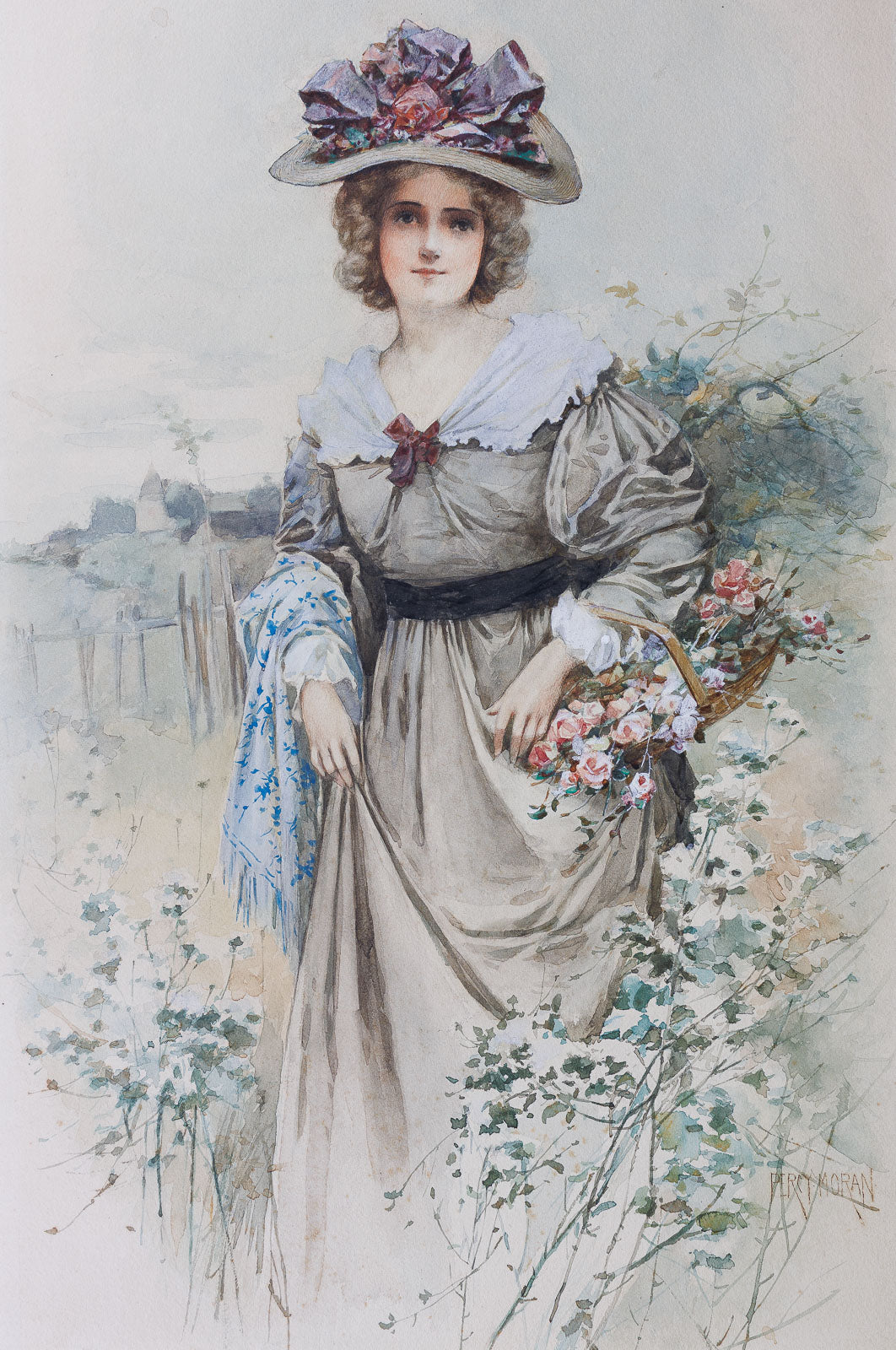 <center> Edward Percy Moran <br><i> VICTORIAN LADY </i><br> Original Watercolor Illustration <P> American 1890 </center>