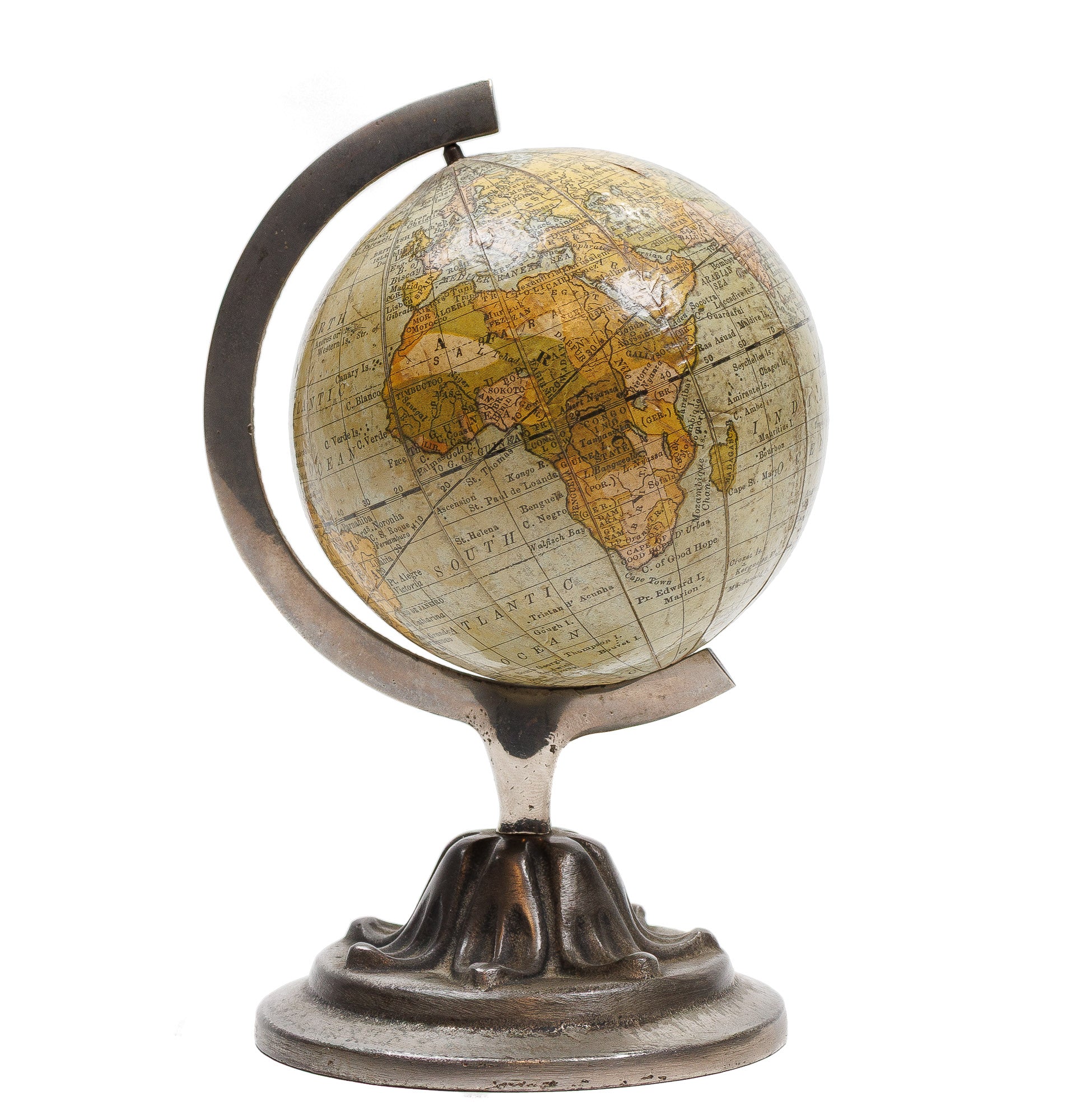 <center> Rand McNally & Co <br><i> 3 inch TERRESTRIAL GLOBE </i><br> Petalled Metal Base <br><i> Rare in Fine Condition </i><p> 1891 </center>