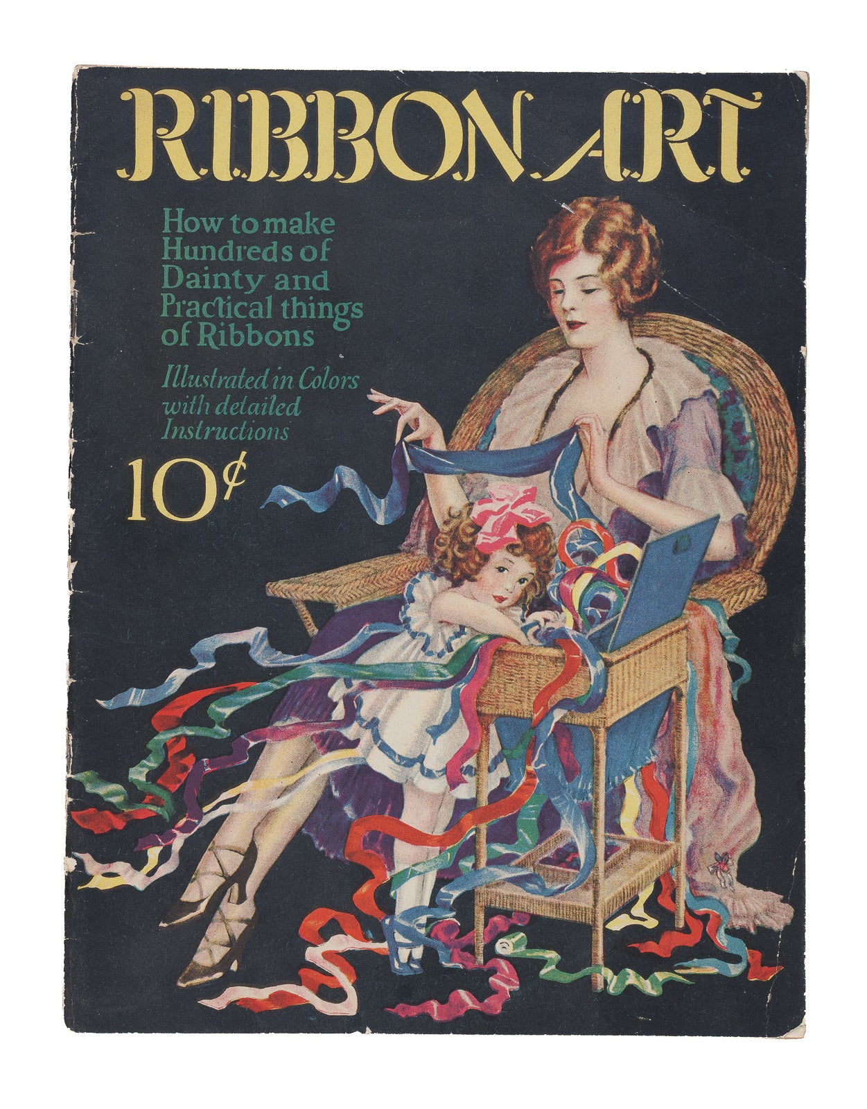 Ribbon Art magazine, Kaltenbach & Stephens, c.1930 — front cover, Art Deco colour illustration of woman and child with cascading multicolour ribbons, 10 cents 