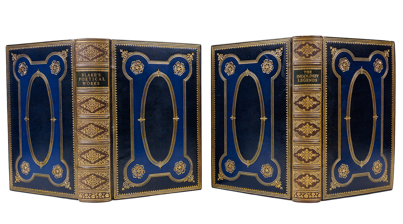William Blake’s Poetical Works and The Ingoldsby Legends, showing Riviere calf covers and spines with blue inlays and ornate gilt tooling