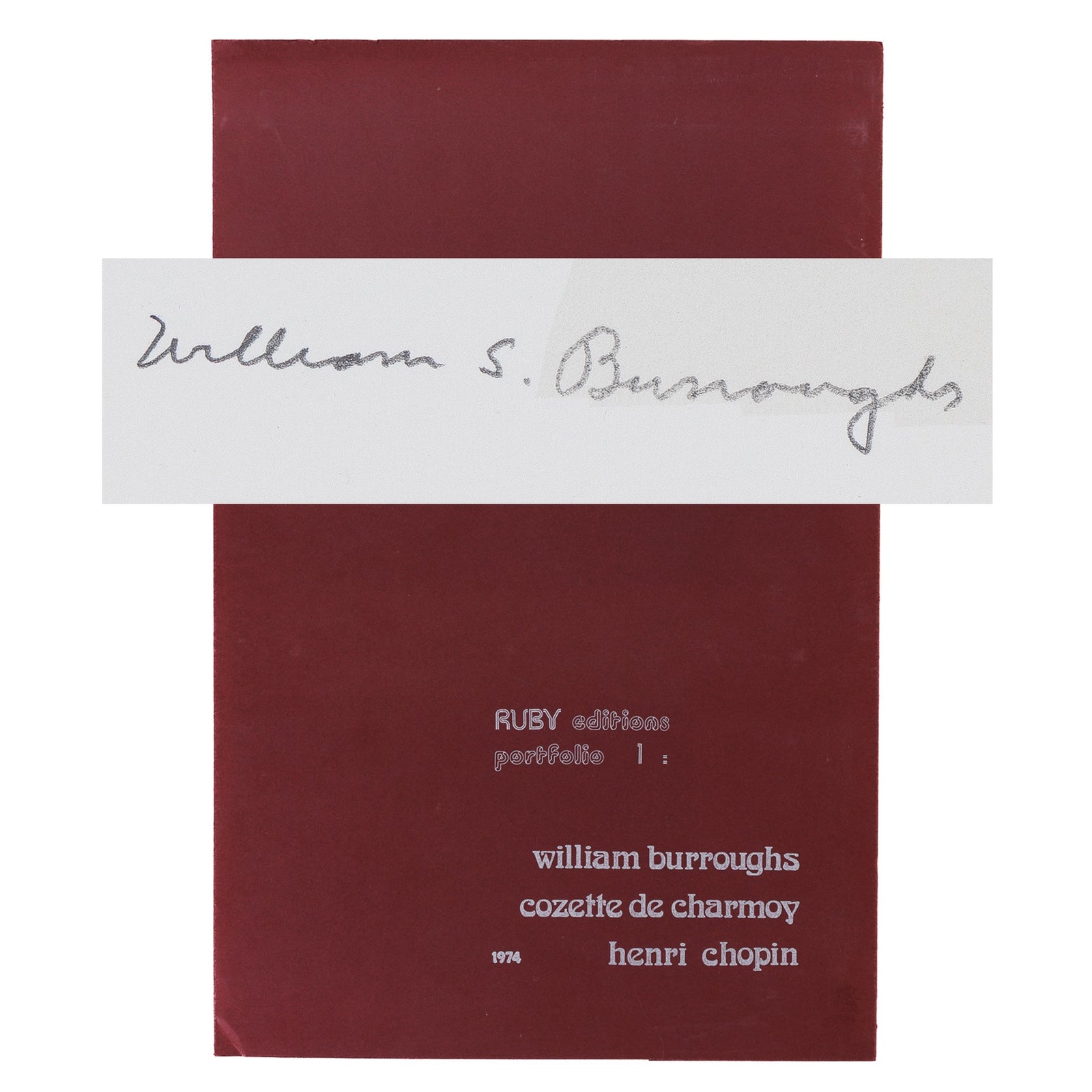 <center> William Burroughs + <p> Cozette de Charmoy + Henri Chopin <br><i> 3 ORIGINAL Silkscreens SIGNED </i><br> RUBY Editions: Portfolio One <br><i> Limited Edition #98 of 100 </i><br> 1974 </center>