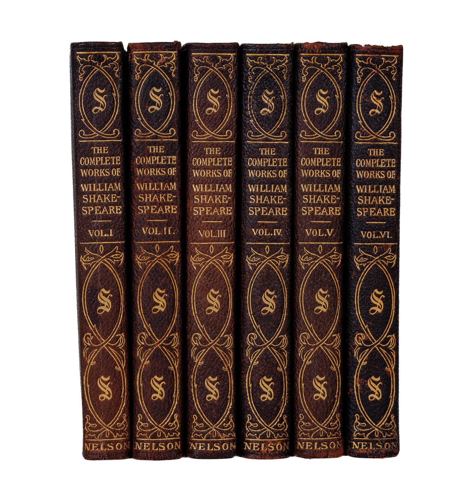 Complete Works of William Shakespeare, Nelson deluxe six-volume set circa 1920, with gilt-decorated morocco spines.