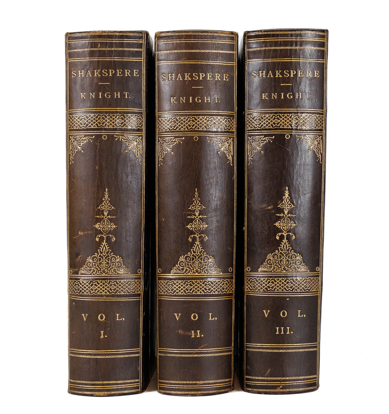 <center> Charles Knight <br><i> WORKS OF WILLIAM SHAKESPEARE </i><br> 3 Volume Leather Set <br><i> FULL PAGE ENGRAVINGS </i><p> 1890 </center>