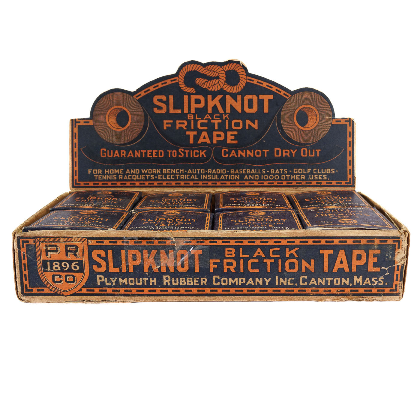 <center> SLIPKNOT BLACK FRICTION TAPE <br><i> Original 1950s Unused </i><br> STOCK BOX of 16 rolls <br><i> New Old Stock </i><p> 1950 </center>