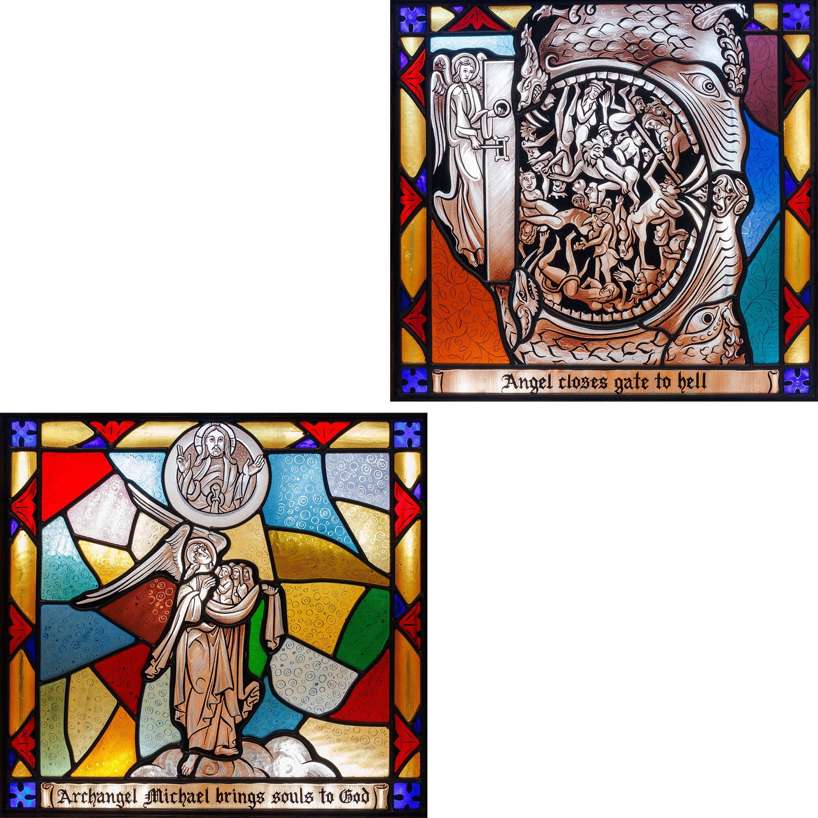 <center> HEAVEN and HELL <br><i> 2 x Stained Leaded Glass Panels </i><br> PARADISE and HELLMOUTH <br><i> Beautifully Painted Scenes with Vibrant Colors </i><br> In Matching Oak Frames <p> 1910 </center>