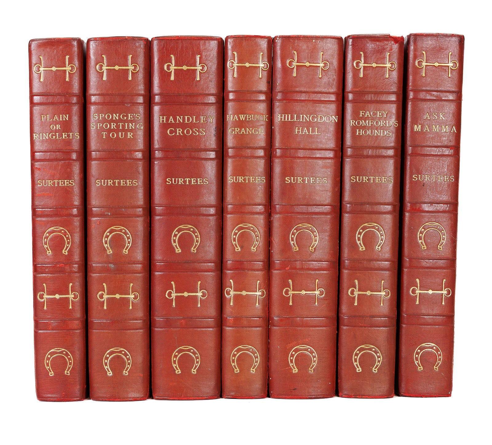 <center> Robert Surtees <br><i> WORKS </i><br> 7 Gilt Leather Binding Set <br><i> Hand Colored Plates </i><br> Signed BUMPUS Bindings <p>1890 </center>