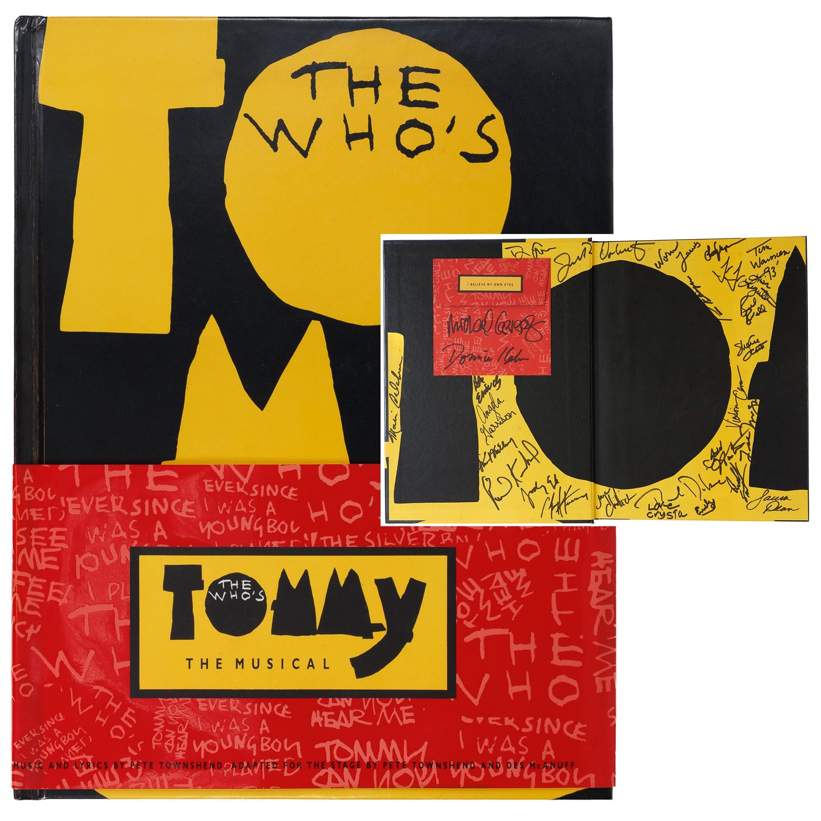 <center> Pete Townshend <br><i> THE WHO'S TOMMY The Muscial </i><br> First Edition <br><i> SIGNED by CAST </i><br> Pantheon Books <p> 1993 </center>