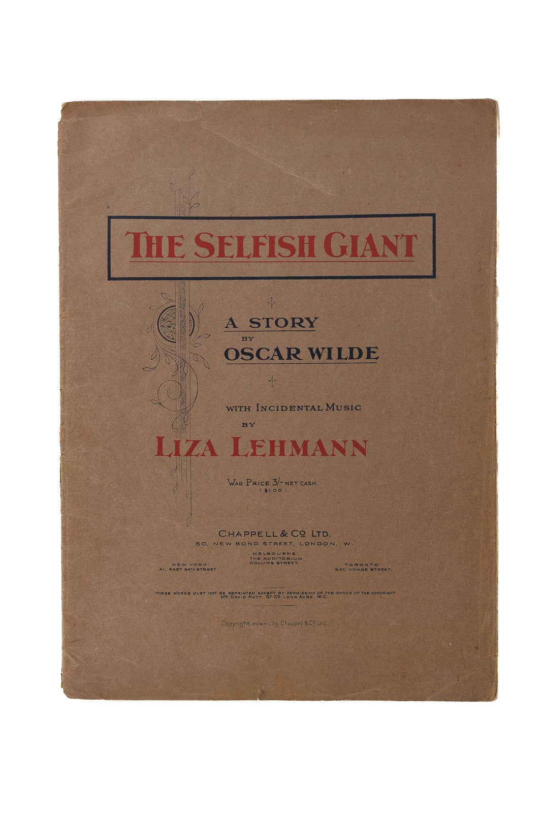 <center> Oscar Wilde + Liza Lehmann <br><i> The Selfish Giant </i><br> Rare Sheet Music <br><i> First Edition </i><p> 1911 </center>