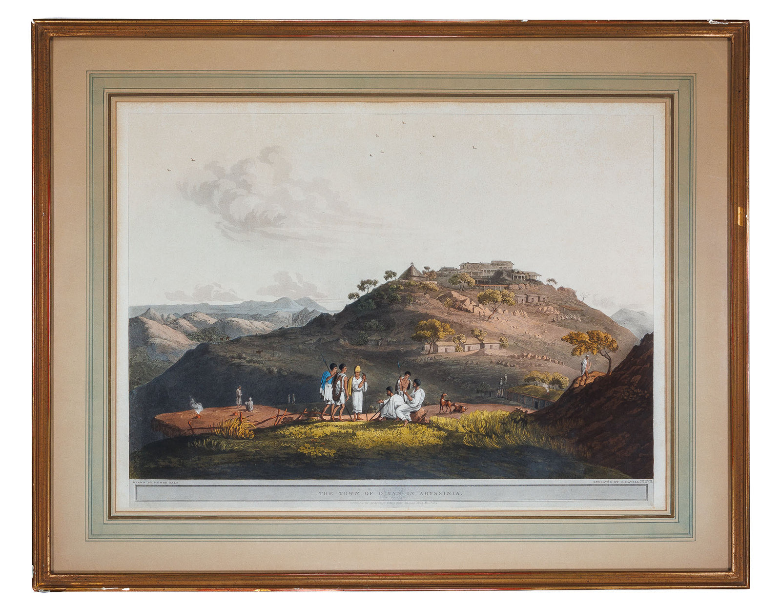 <center> Daniel Havell after Henry Salt <br><i> THE TOWN OF DIXAN IN ABYSSINIA Ethiopia </i><br> Hand-Coloured Aquatint <p> William Miller 1809 </center>