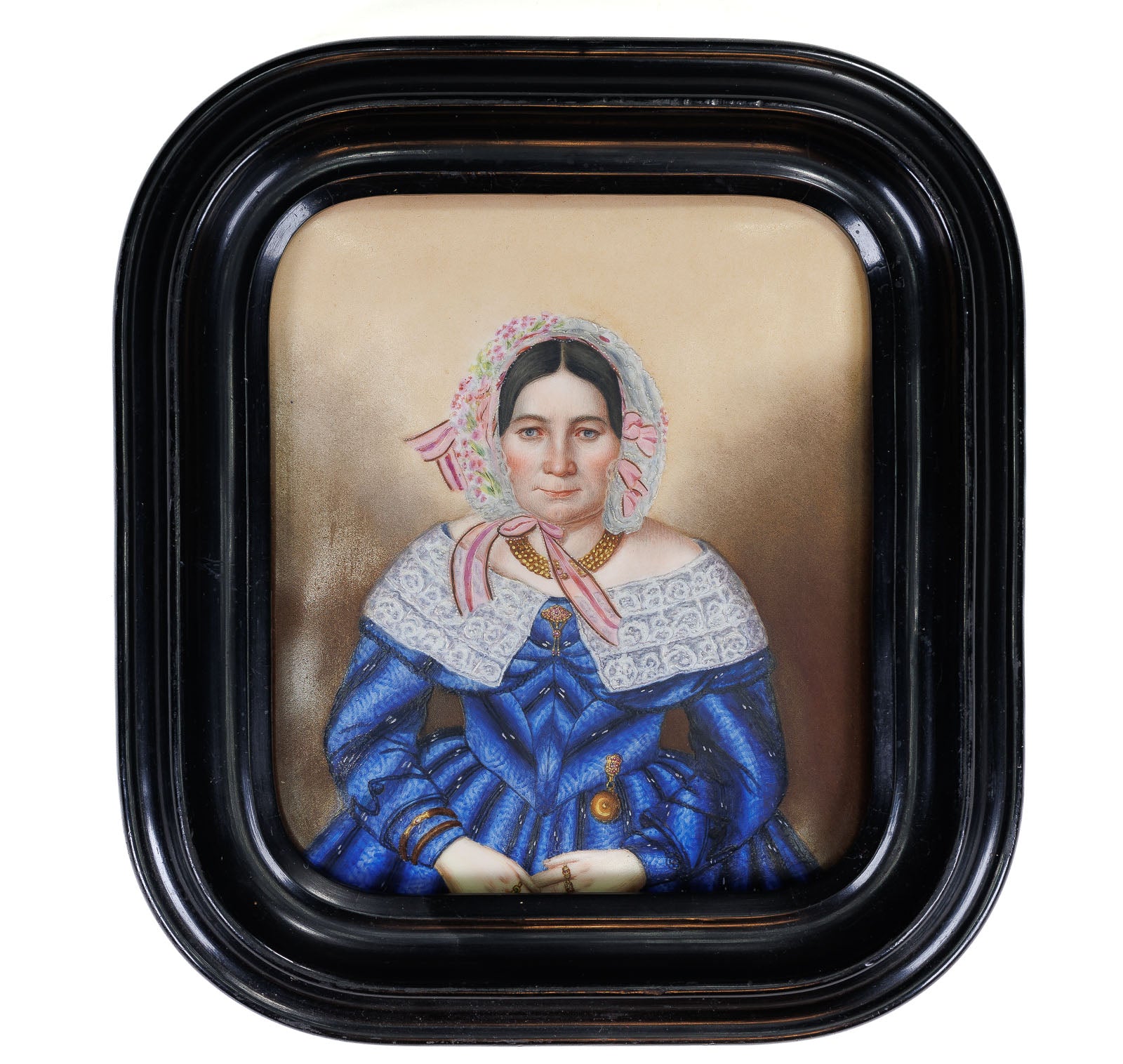 <center> Painting on Porcelain <br><i> Victorian Lady in Dress </i><br> Ebonized Walnut Frame <p> 1860 </center>
