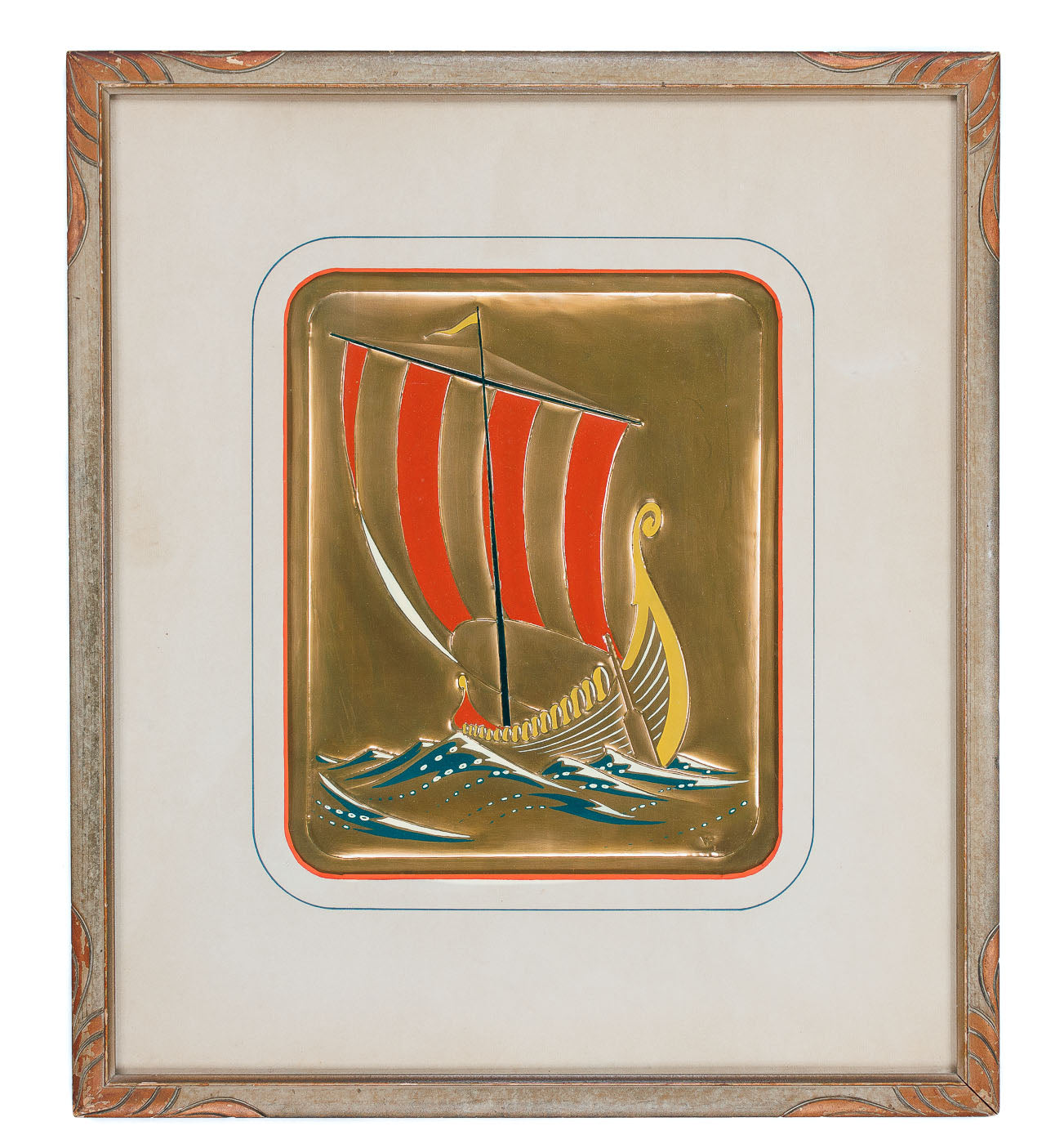 <center> VIKING SHIP <p> Painted + Engraved on COPPER PLATE </center>