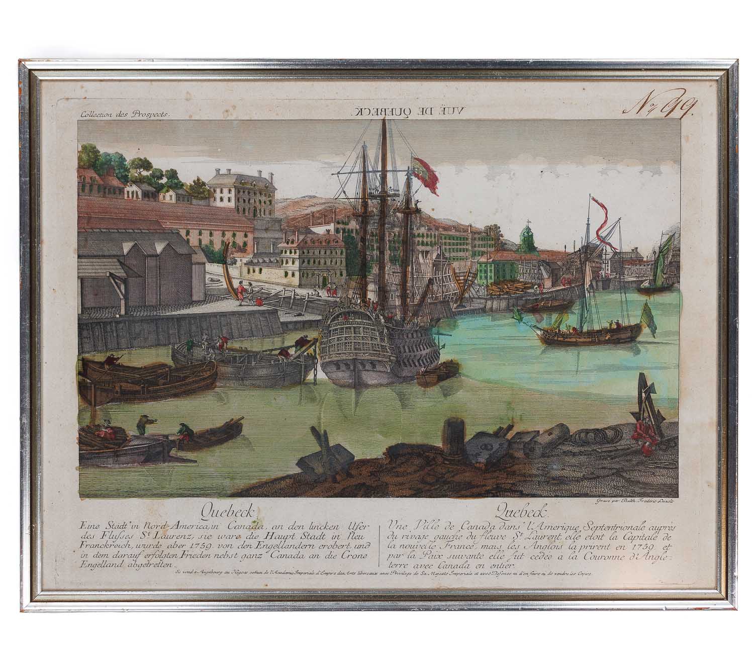 <center> Frederic Leizelt <br><i> VUE DE QUEBECK </i><br> Rare Hand Colored Optical Engraving <p> 1780 </center>