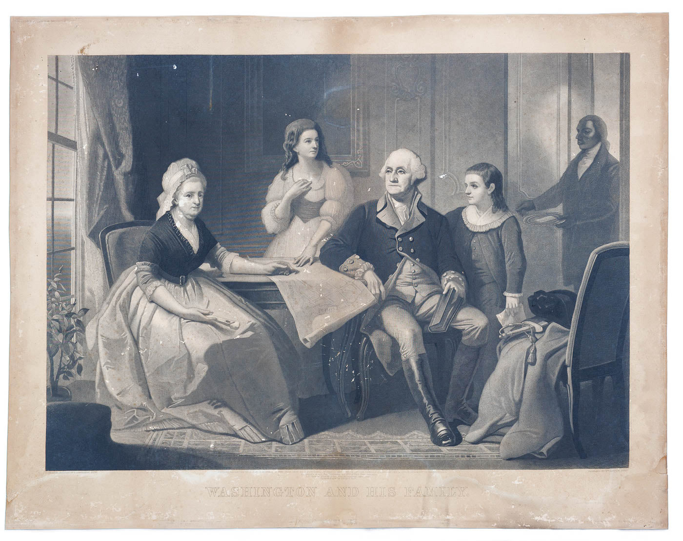 <center> William Sartain after Christian Schussele <br><i> WASHINGTON AND HIS FAMILY </i><br> Large Mezzotint <br><i> Bradley & Co </i><p> 1864 </center>