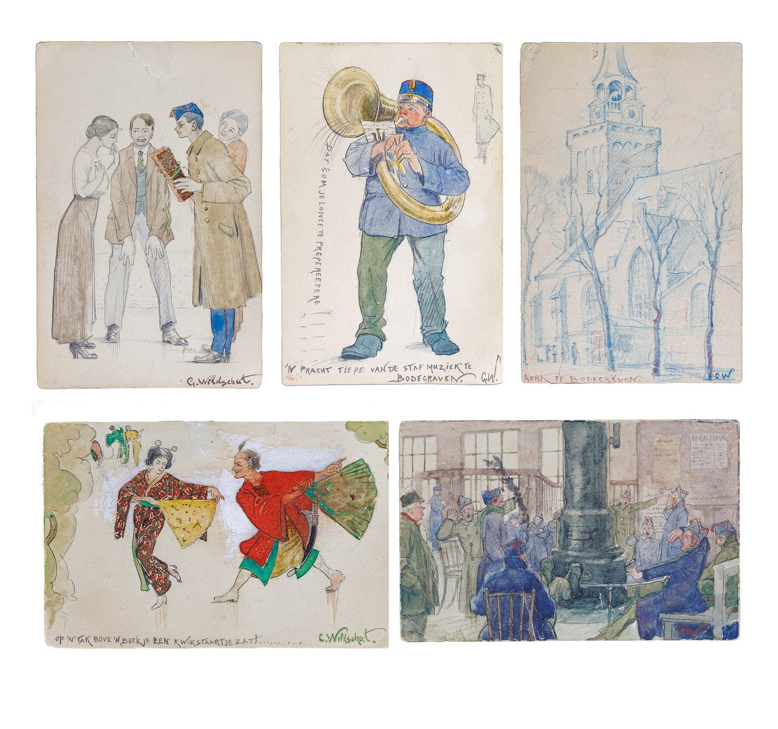 <center> George Wildschut <br><i> 5 x ORIGINAL ART Postcards </i><br> Pen & Ink  with Watercolour <br><i> Used and Postmarked </i><br> Each Signed with Messages by Wildschut <p> 1915 </center>